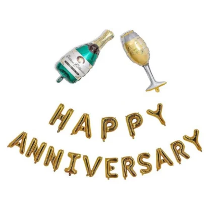 Happy Anniversary Alphabet Foil Balloon Combo With Bottle And Cheersglass Balloons (Multicolor)