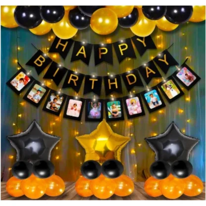 Happy Birthday Decoration Combo Of Foil Curtain, Banner And Balloons (Multicolor)