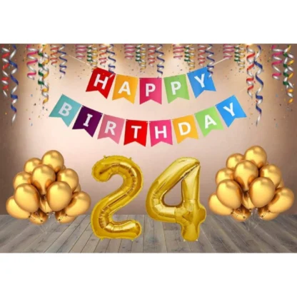 24Th Happy Birthday Decoration Combo With Multi Color Banner (Golden)