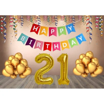 21St Happy Birthday Decoration Combo With Multi Color Banner (Golden)