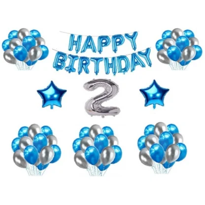 2Nd Happy Birthday Decoration Combo With Foil And Star Balloons (Blue, Silver)