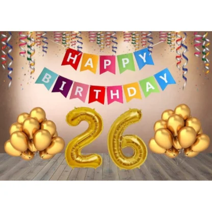 26Th Happy Birthday Decoration Combo With Multi Color Banner (Golden)