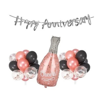 Happy Anniversary Decoration Set Cheer Bottle And Foil Balloons (Rose Gold)