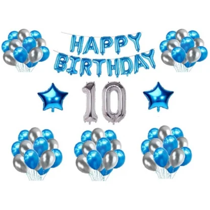 10Th Happy Birthday Decoration Combo With Foil And Star Balloons (Blue, Silver)