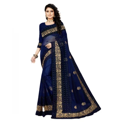 Women's Net Saree With Blouse (Navy Blue, 5-6Mtrs)