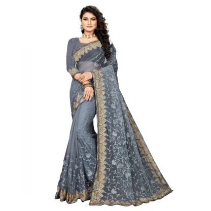 Women's Net Saree With Blouse (Grey, 5-6Mtrs)