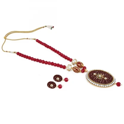 Women's Stylish Maroon Golde Plated Traditional Kundan Necklace Set with Earrings (Color: Red)