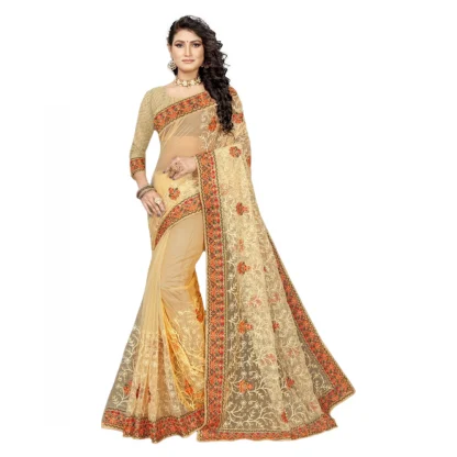 Women's Net Saree With Blouse (Chiku, 5-6Mtrs)