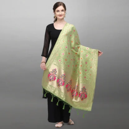 Women's Silk Pure Zari weaving Duppatta (Light Green, Length: 2-2.3 Mtrs) - Image 3