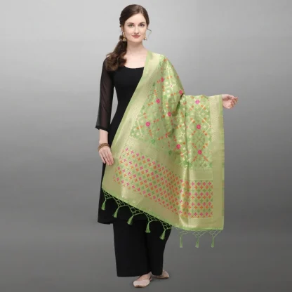 Women's Silk Pure Zari weaving Duppatta (Light Green, Length: 2-2.3 Mtrs) - Image 3