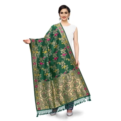 Women's Silk Pure Zari weaving Duppatta (Green, Length: 2-2.3 Mtrs) - Image 3