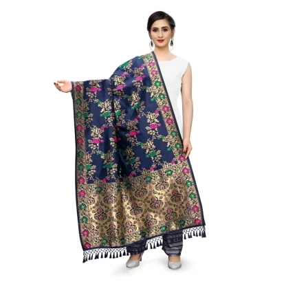 Women's Silk Pure Zari weaving Duppatta (Navy Blue, Length: 2-2.3 Mtrs) - Image 3