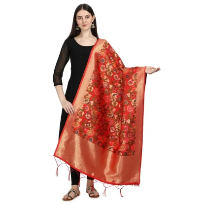 Women's Silk Pure Zari weaving Duppatta (Red, Length: 2-2.3 Mtrs) - Image 2