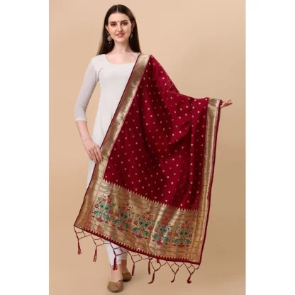 Women's Silk Pure Zari weaving Duppatta (Maroon, Length: 2-2.3 Mtrs) - Image 2