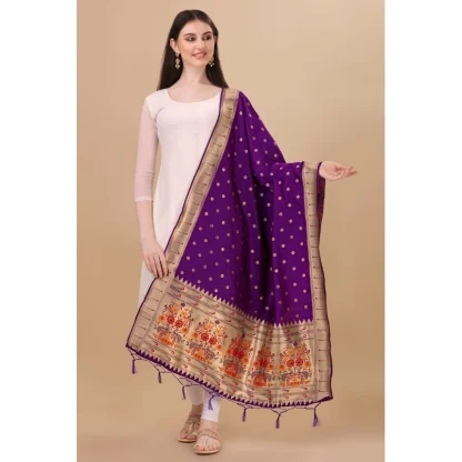 Women's Silk Pure Zari weaving Duppatta (Purple, Length: 2-2.3 Mtrs) - Image 3