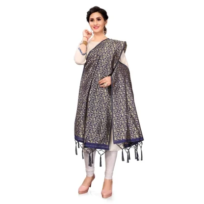 Women's Silk Pure weaving Work Duppatta (Navy Blue, Length: 2-2.3 Mtrs) - Image 2