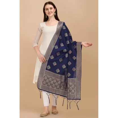 Women's Silk Pure Zari weaving Duppatta (Navy Blue, Length: 2-2.3 Mtrs) - Image 2