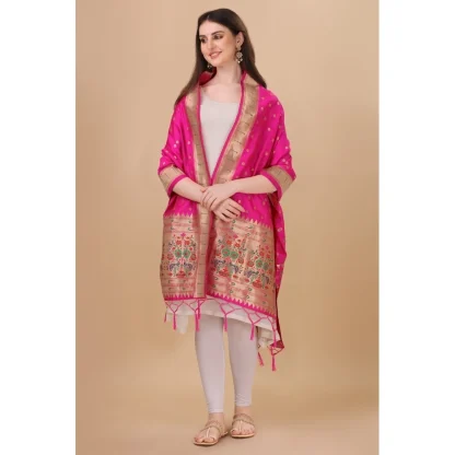 Women's Silk Pure Zari weaving Duppatta (Pink, Length: 2-2.3 Mtrs) - Image 2