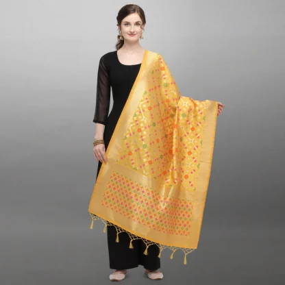 Women's Silk Pure Zari weaving Duppatta (Mustard Yellow, Length: 2-2.3 Mtrs) - Image 3