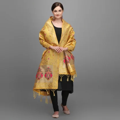 Women's Silk Pure Zari weaving Duppatta (Mustard Yellow, Length: 2-2.3 Mtrs) - Image 3