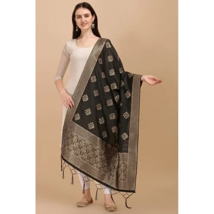 Women's Silk Pure Zari weaving Duppatta (Black, Length: 2-2.3 Mtrs) - Image 2