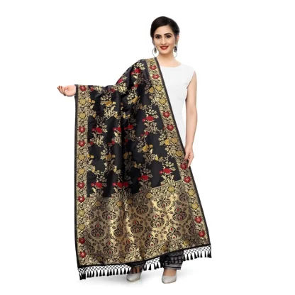 Women's Silk Pure Zari weaving Duppatta (Black, Length: 2-2.3 Mtrs) - Image 3