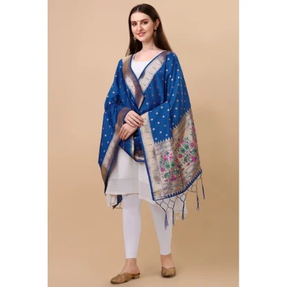 Women's Silk Pure Zari weaving Duppatta (Blue, Length: 2-2.3 Mtrs) - Image 2