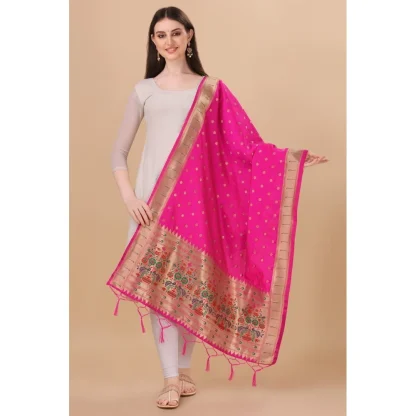 Women's Silk Pure Zari weaving Duppatta (Pink, Length: 2-2.3 Mtrs) - Image 3