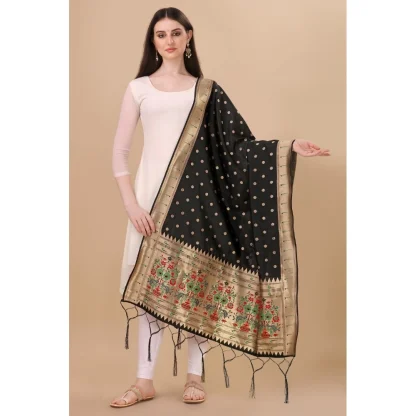 Women's Silk Pure Zari weaving Duppatta (Black, Length: 2-2.3 Mtrs) - Image 2