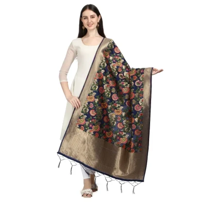 Women's Silk Pure Zari weaving Duppatta (Navy Blue, Length: 2-2.3 Mtrs) - Image 2