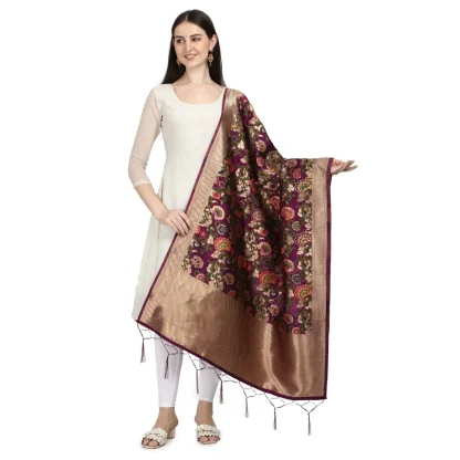 Women's Silk Pure Zari weaving Duppatta (Brown, Length: 2-2.3 Mtrs) - Image 2