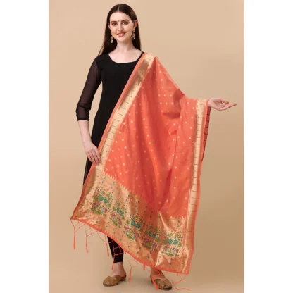 Women's Silk Pure Zari weaving Duppatta (Orange, Length: 2-2.3 Mtrs) - Image 2