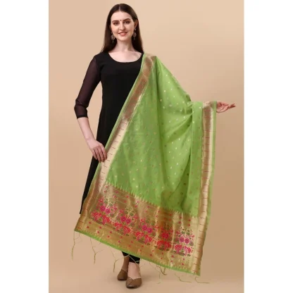 Women's Silk Pure Zari weaving Duppatta (Light Green, Length: 2-2.3 Mtrs) - Image 2