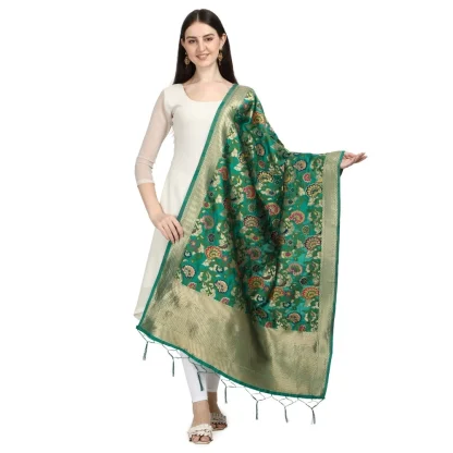 Women's Silk Pure Zari weaving Duppatta (Green, Length: 2-2.3 Mtrs) - Image 2