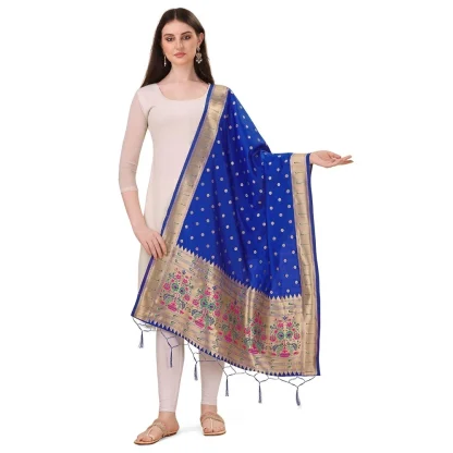 Women's Silk Pure Zari weaving Duppatta (Blue, Length: 2-2.3 Mtrs)