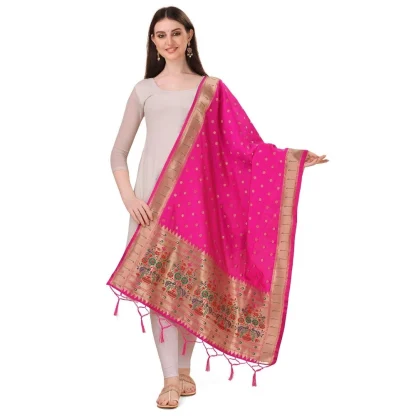 Women's Silk Pure Zari weaving Duppatta (Pink, Length: 2-2.3 Mtrs)