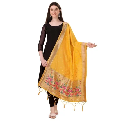 Women's Silk Pure Zari weaving Duppatta (Yellow, Length: 2-2.3 Mtrs)