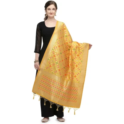 Women's Silk Pure Zari weaving Duppatta (Mustard Yellow, Length: 2-2.3 Mtrs)