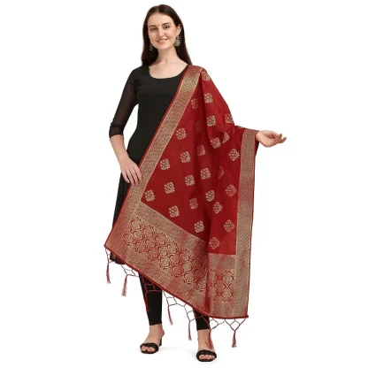 Women's Silk Pure Zari weaving Duppatta (Maroon, Length: 2-2.3 Mtrs)