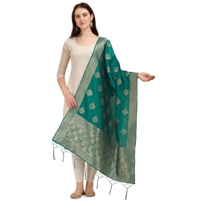 Women's Silk Pure Zari weaving Duppatta (Green, Length: 2-2.3 Mtrs)