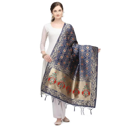 Women's Silk Pure Zari weaving Duppatta (Navy Blue, Length: 2-2.3 Mtrs)