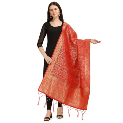 Women's Silk Pure weaving Work Duppatta (Red, Length: 2-2.3 Mtrs)