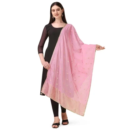 Women's Silk Pure Zari weaving Duppatta (Light Pink, Length: 2-2.3 Mtrs)