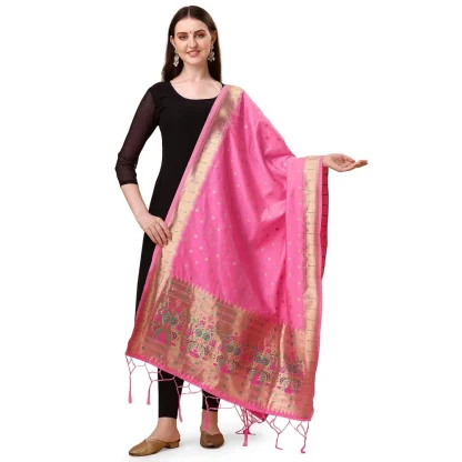 Women's Silk Pure Zari weaving Duppatta (Light Pink, Length: 2-2.3 Mtrs)