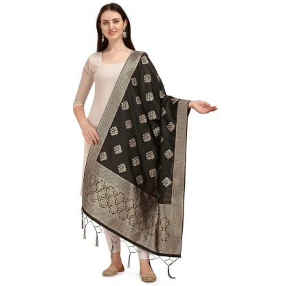 Women's Silk Pure Zari weaving Duppatta (Black, Length: 2-2.3 Mtrs)