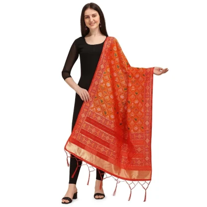 Women's Silk Pure Zari weaving Duppatta (Orange, Length: 2-2.3 Mtrs)