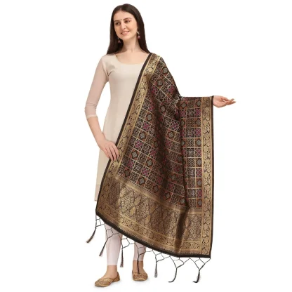 Women's Silk Pure weaving Work Duppatta (Black, Length: 2-2.3 Mtrs)