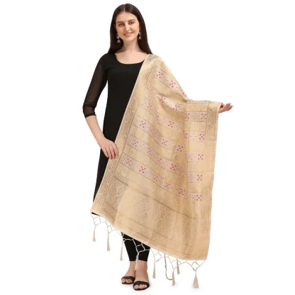 Women's Silk Pure weaving Work Duppatta (Off White, Length: 2-2.3 Mtrs)