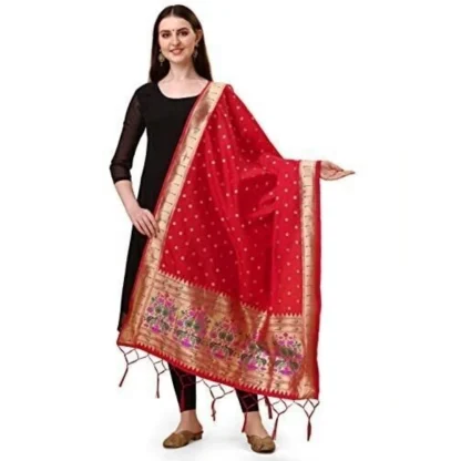 Women's Silk Pure Zari weaving Duppatta (Red, Length: 2-2.3 Mtrs)