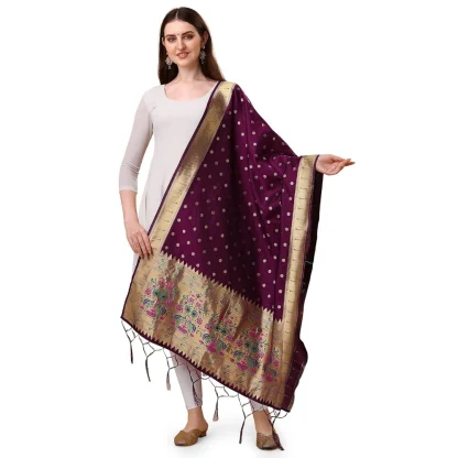 Women's Silk Pure Zari weaving Duppatta (Purple, Length: 2-2.3 Mtrs)